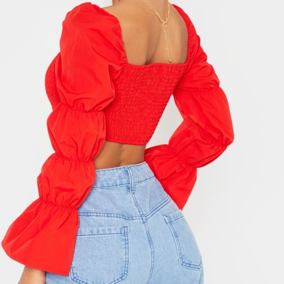 PrettyLittleThing Tops - NWT PrettyLittleThing Red Ruched Long Sleee Crop Top Size 6